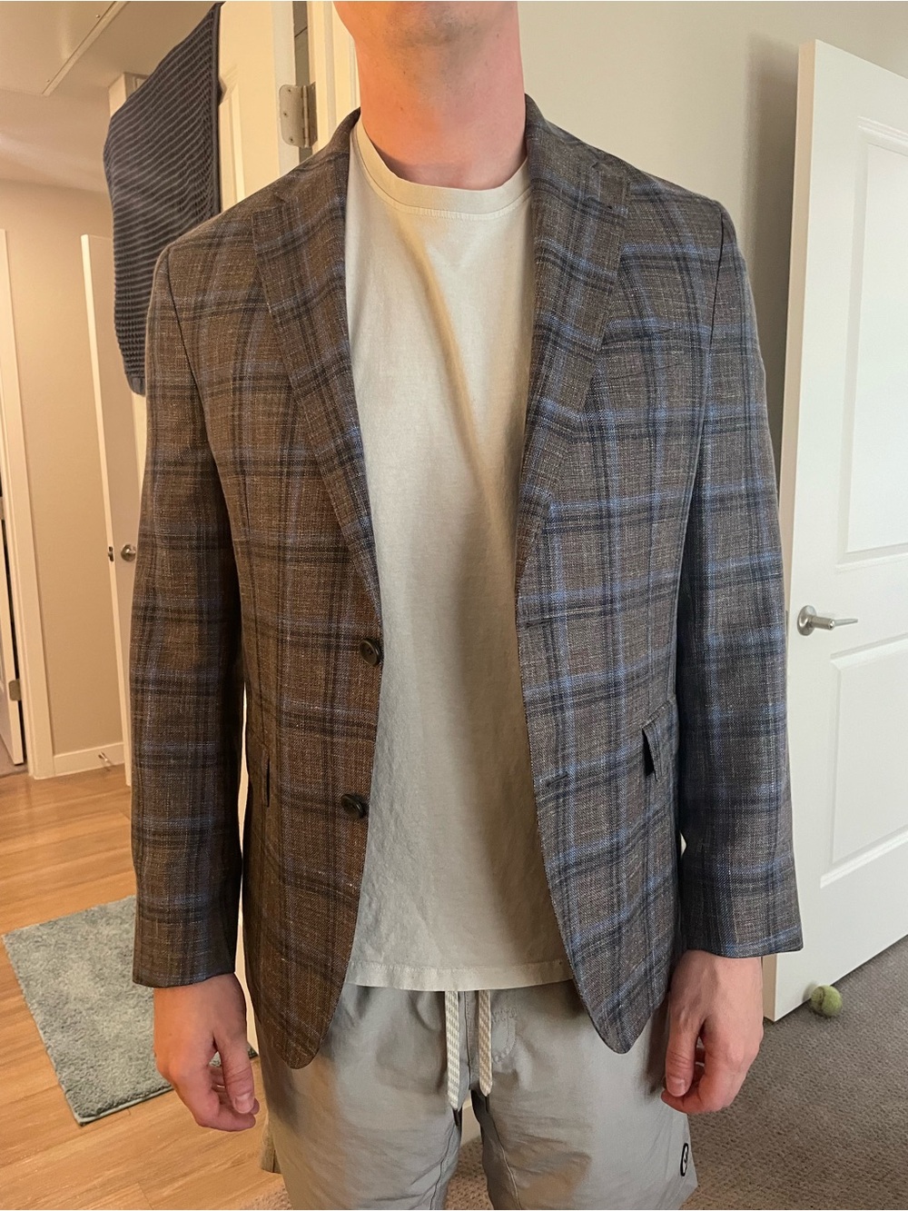 Tailored Brown Plaid Sport Coat with Blue Windowpane